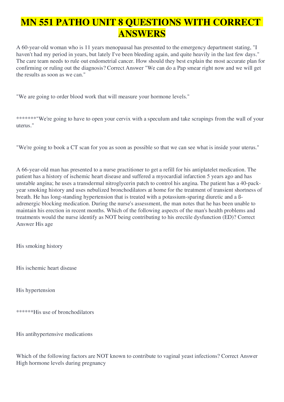 Preview image for MN 551 PATHO UNIT 8 QUESTIONS WITH CORRECT ANSWERS